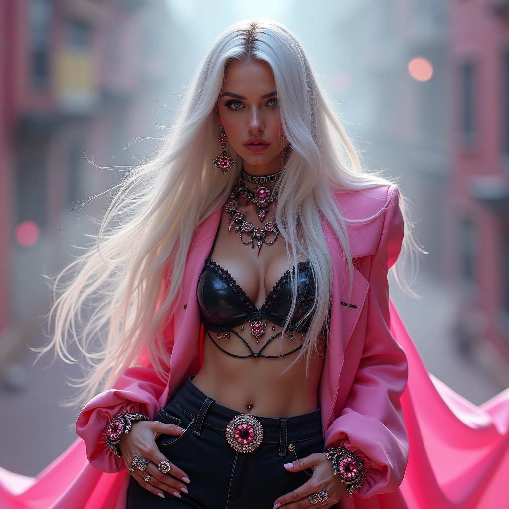 A woman with long white hair,I want her wearing y2k style clothes in pink and black with lots of accessories,I want the image to be very distorted with effect,and I want her to pose