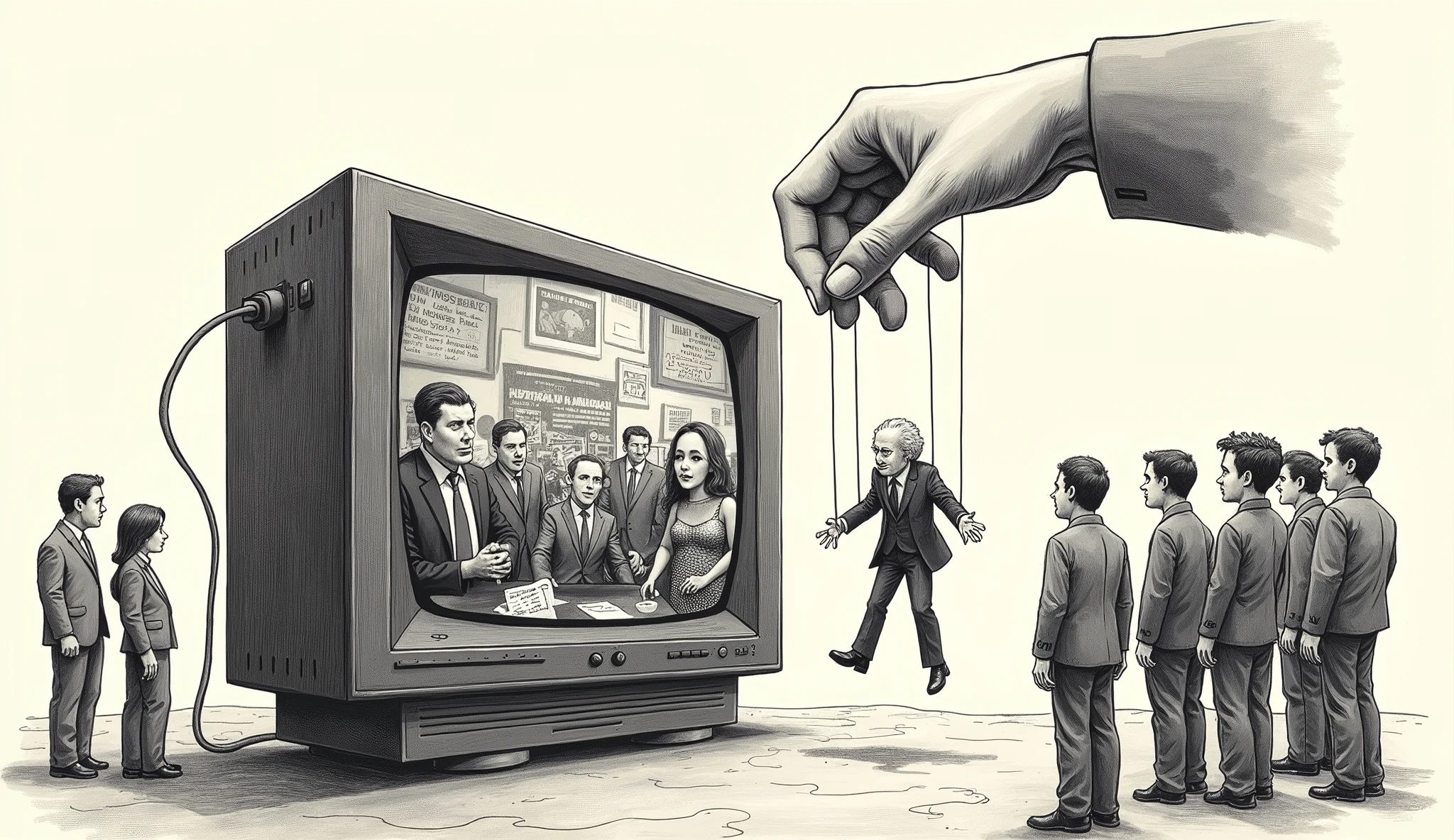 On the short bond paper, draw a scene featuring a large, exaggerated television with various media figures (reporters, anchors, etc.) as puppets controlled by a hand labeled "Political Influence." The television screen displays a mix of sensational news and exaggerated headlines. In the background, show ordinary citizens with puzzled or concerned expressions, looking at the screen. yung madali lang no color