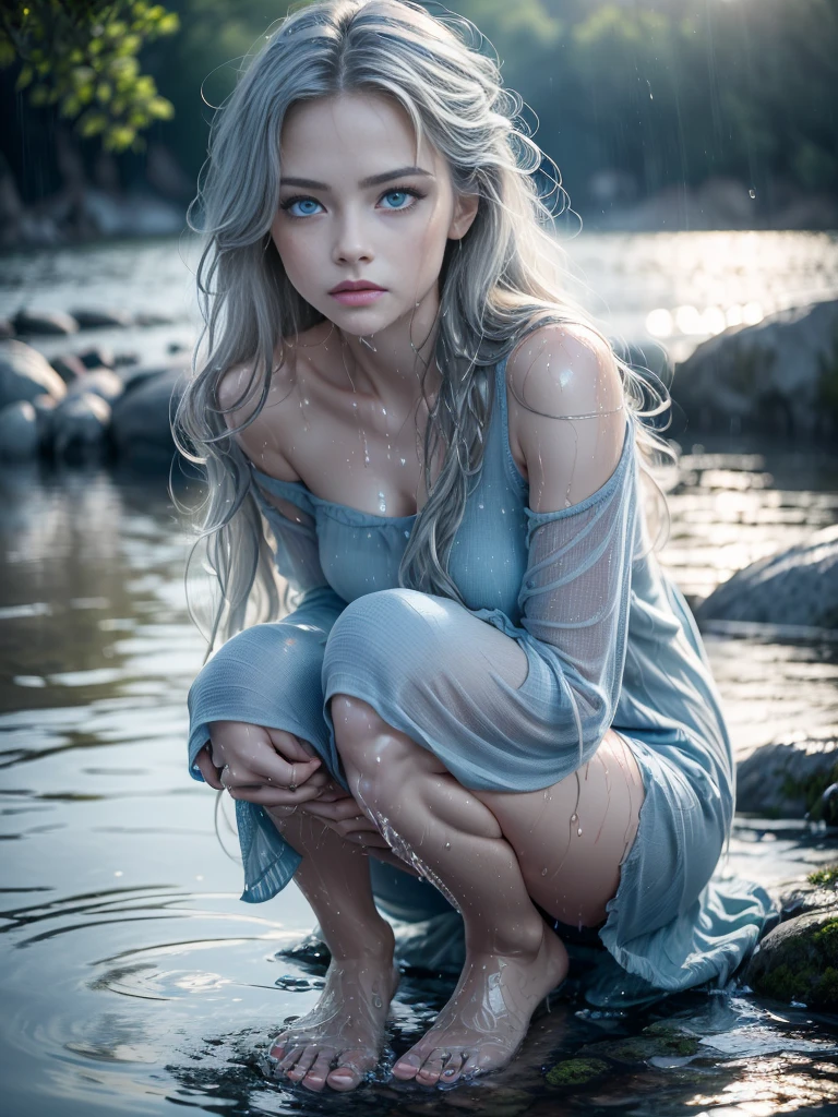 8k, (full body shot:1.2), 20-year-old swedish girl, raw, Beautiful woman, (straight gray hair), (loose summer clothes, long shirt, long dress, outdoor, upper body, colorful summer clothes, varied colours, ((bright sunshine)), warm clothes, wet clothes, ((soaked)), ((drenched)), ((dripping wet)), excited, wet hair, wet and slimy, water up to her knees, submerged, translucent,), intricate, beautifull face, elegant, highly detailed, digital hyperrealistic photography, hyperrealistic photography filigree, shyness, most beautyfull face, (masterpiece, sidelighting, (finely detailed beautifull blue eyes: 1.2)),