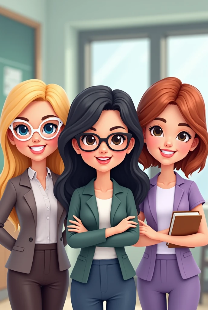 create three cheerful teacher avatar dolls together bitmoji style. A blonde, blue-eyed teacher with long hair, of blond and straight color, she wears white-framed glasses.  A white-skinned teacher has black hair, Medium & Smooth, She wears glasses and has black eyes, she is elegant. A very white teacher, shoulder length reddish brown wavy hair Brown eyes and very sweet and gentle, lilac clothing, doesn&#39;t wear glasses. 