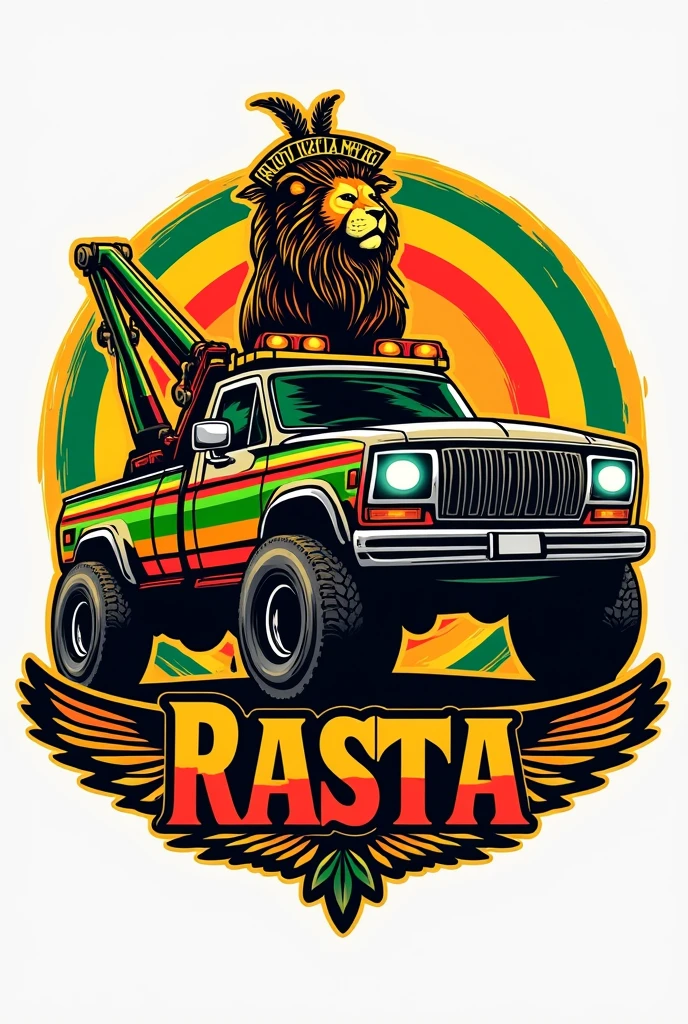 logo for a towing company called 'Auto Socorro Rasta'. The design should feature a stylized pickup truck to reflect Rastafarian culture and reggae colors. (rot, yellow and green). The pickup truck may have details like dreadlocks, a rastafarian hat, or the symbol of the Lion of Judah. Furthermore, include elements that represent Pan-Africanism, like the Sankofa bird or the Pan-African flag. The overall style should be vibrant, bold and represent the spirit of Rastafarianism and African heritage."