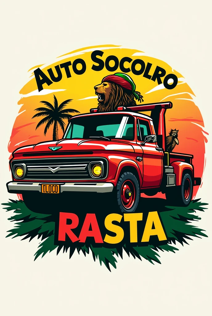  logo for a towing company called &#39;Auto Socorro Rasta&#39;. The design should feature a stylized pickup truck to reflect Rastafarian culture and reggae colors. (rot, yellow and green). The pickup truck may have details like dreadlocks, a rastafarian hat, or the symbol of the Lion of Judah. Furthermore, include elements that represent Pan-Africanism, like the Sankofa bird or the Pan-African flag. The overall style should be vibrant, bold and represent the spirit of Rastafarianism and African heritage."