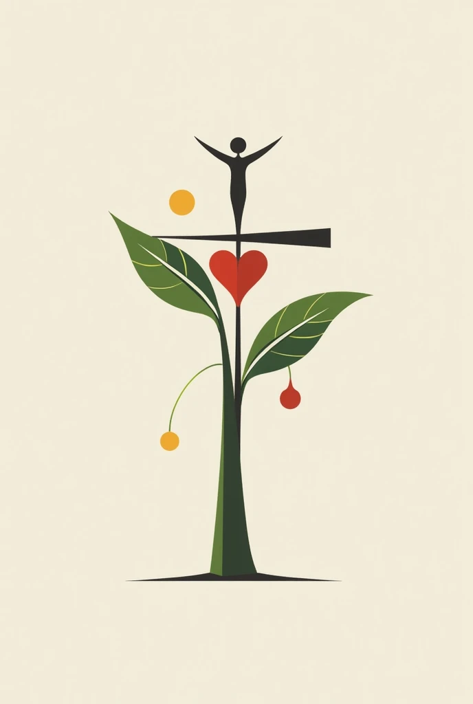 On a cross put a heart, a stylized human figure, a leaf that symbolizes nature and well-being.