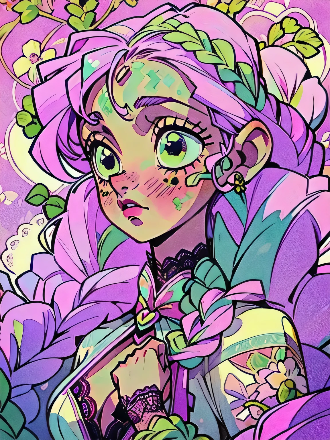 Convert your flower art into a hand-drawn illustration.、Create backgrounds with vibrant colors and unique touches The type of flower is statice、Gypsophila、sweet pea、Mix in some lace flowers, portrait, face portrait, big breasts, cleavage, pink hair, green eyes, (green highlights), green braids, ulzzang,