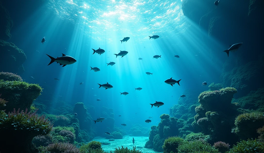 Aquarium, inside a large tank, fish shadow, underwater landscape, aquarium, beautiful environment, trend photography, underwater world, fish swimming, underwater light, water surface.