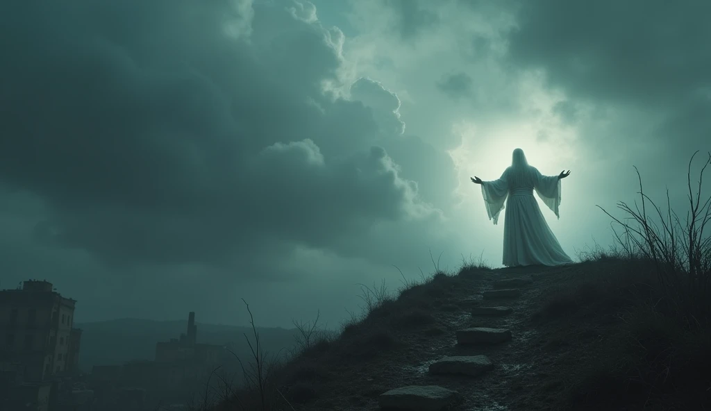 A cinematic shot of a dystopian world with people behaving wickedly and the earth filled with evil. Buildings are in ruins, and the sky is dark and cloudy. In the distance, a figure with a white robe and a long white beard stands on a hilltop, his arms outstretched. The ground beneath him is illuminated.