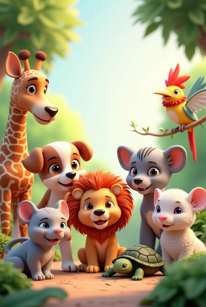 I want to create a cover for a coloring book , about cute baby animals, in 3d place several animals Brown and white dog White and gray cat Bird Lion Painted giraffe Green turtle Gray mouse Brown bear White sheep