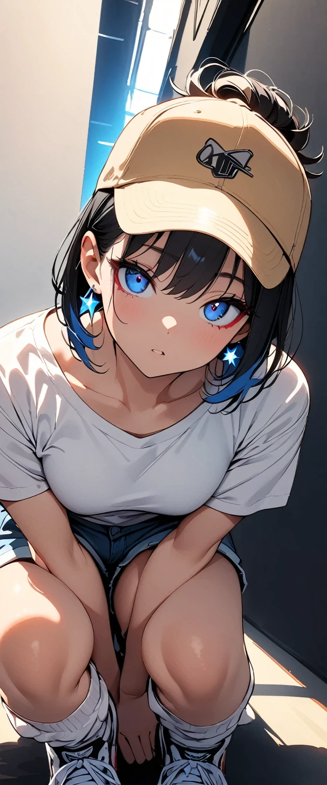 (high quality, 8k, 4K, High Contrast, masterpiece:1.2, 最high quality, Best aesthetics), (Dynamic Angle), ((1 female)),((Sitting on the ground facing forward)), , ((Plain and bright background)), ((Flat Color)), (Gray oversized sweatshirt), ((Black shorts)),(white super loose socks), Looking at the audience, Transparent Background, (Staring at me), Sleepy eyes, High Contrast, Contrasting colors, , Pale pink and blue lighting, ((Short Hair)) , (Tied Hair), Black Hair, Red eyes, Droopy eyes, (Narrow eyes), Small star-shaped earrings in both ears, bright eyeshadow,high angle shot, Baseball Cap,Smoking a cigarette
