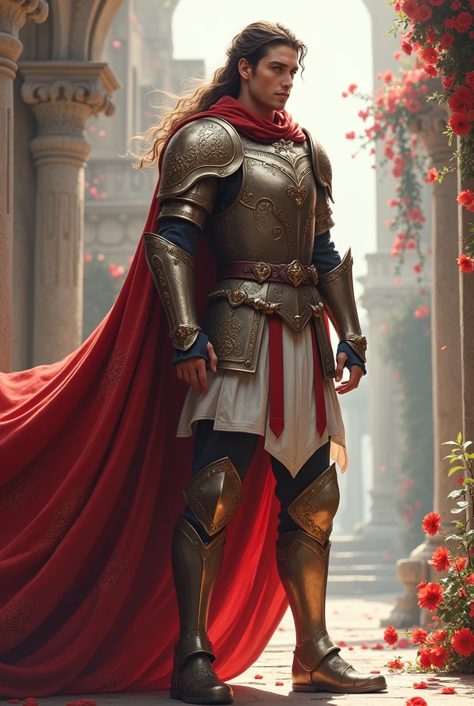 A warrior with a cape that resembles hearts or roses, perhaps with light armor and romantic details.