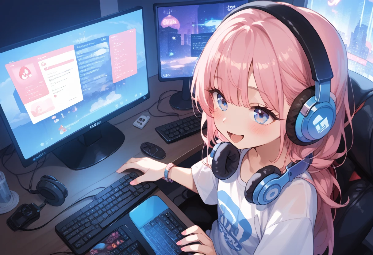 sex,,,ถึงจุดสุดยอด,สำเร็จความไคร่,ช่วยตัวเอง,Long ash pink hair, random colored eyes, girl, happy, small, cute, big shirt, computer, gaming, rgb lights, headphones, computer bacground