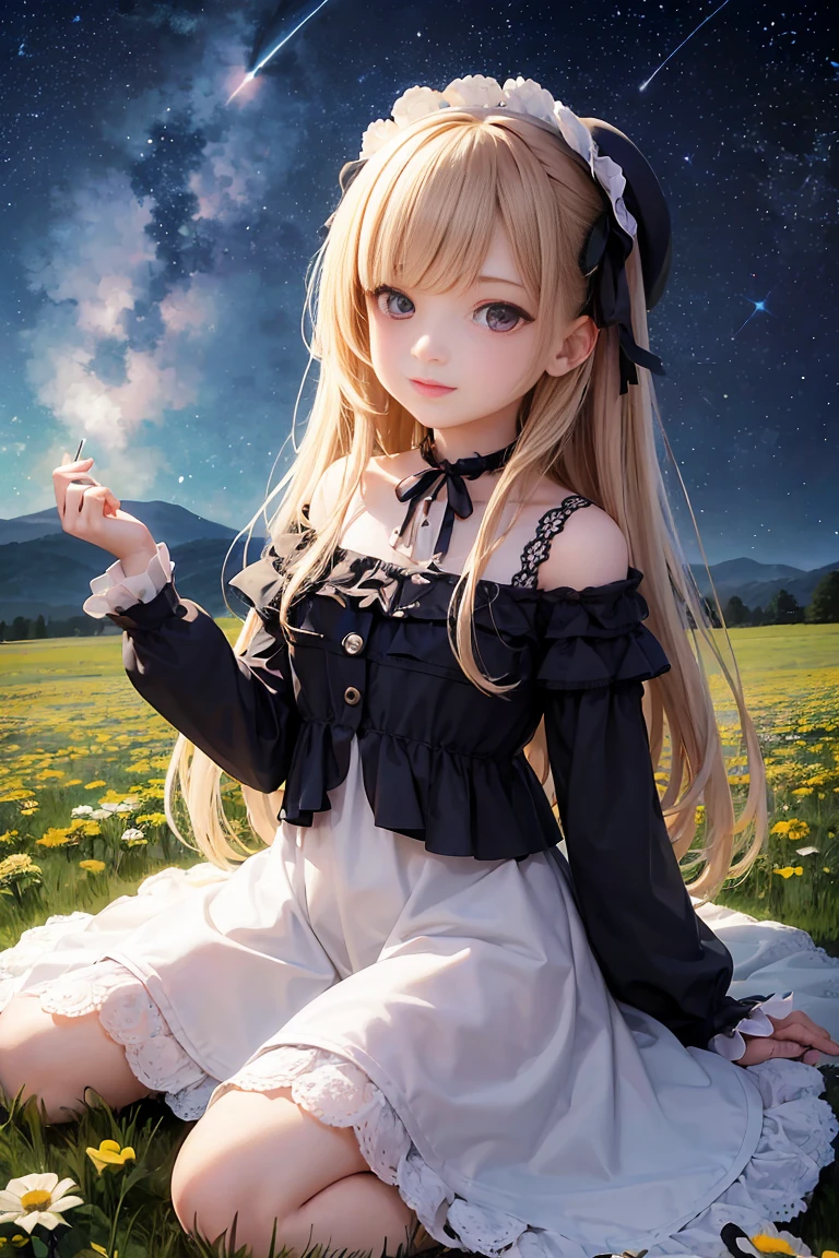 A girl on a meadow,Stars twinkling in the sky,Shining Star,milky way,full moon,I look up and see,Wildflowers are in full bloom,Pure World,masterpiece,Highest quality,最高masterpiece,Detailed anime art,Digital Art,