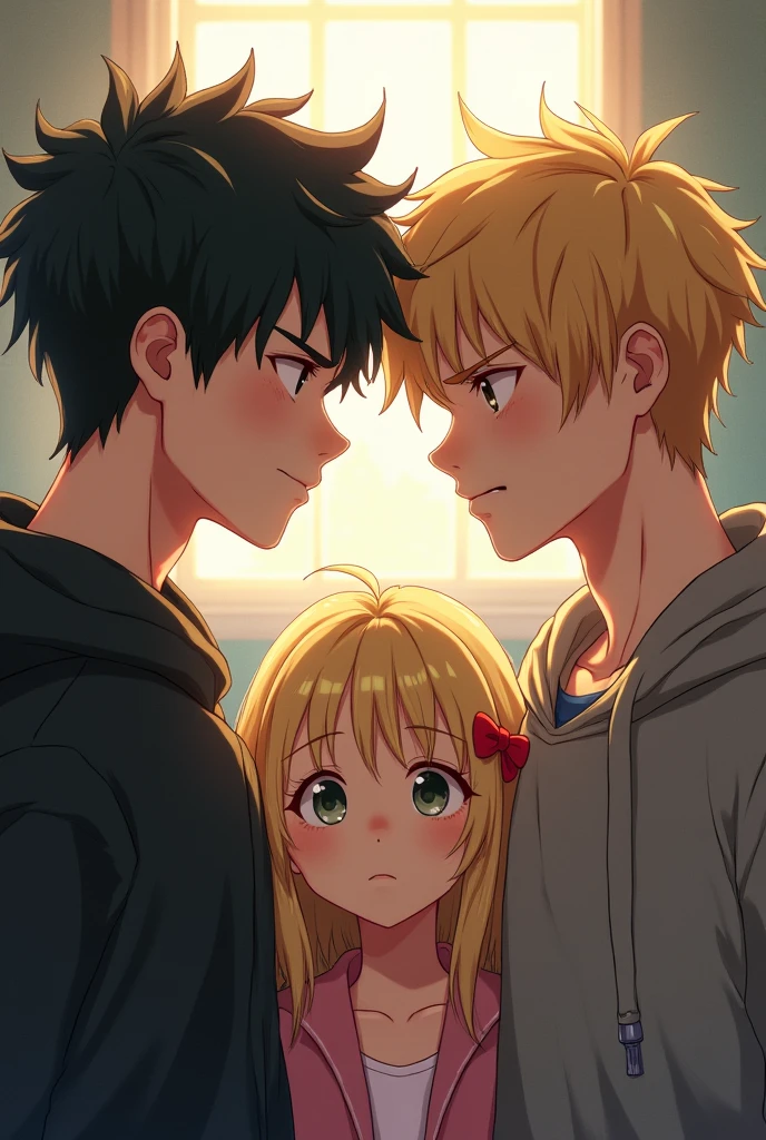 Two boys, one rude and cold with black hair and the other kind and cute, blond, and a cute girl in the middle, teenagers who look a little real.
