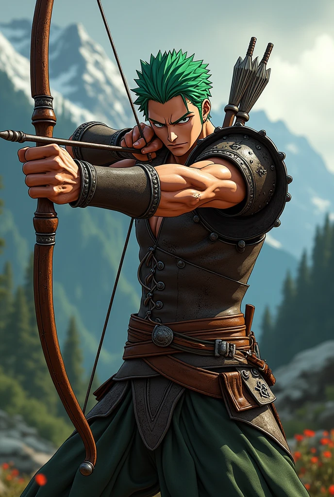 Roronoa Zoro from One Piece anime mixed with Skyrim skin armor archer pose