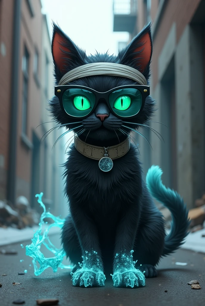 create a photo realistic image of a character named Iceberg-Kitty, a mischievous black alley cat with a cunning smile wearing bandages around his head, glowing green eyes that pierce through his sunglasses and has ice powers