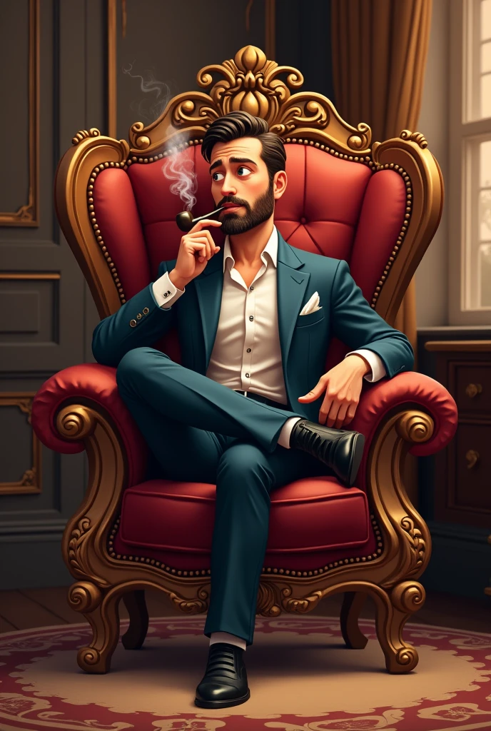 Highly detailed cartoon of an elegant man sitting on a luxurious chair, crossed his legs and smoking a pipe. High quality and detailed cartoon. Cartoon tag.