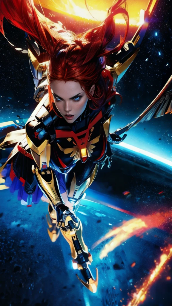 A beautiful detailed portrait of Jean Grey from X-men as a Gundam mecha, extremely detailed eyes and face, long eyelashes, intricate mecha design, wings, futuristic tech, seamless integration of organic and mechanical elements, cinematic lighting, dynamic fighting poses, (wide angle:1.27), (full length portrait:1.37), vibrant colors, 8k, photorealistic, concept art style, sharp focus, clean lines, erect nipples under clothing, no bra