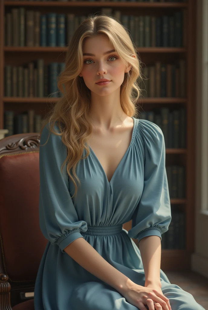 20 year old blonde girl from the 1900s, blondie hair, eyes browns, white, dressed in blue, sitting in a library with several books, Gentle expression on face