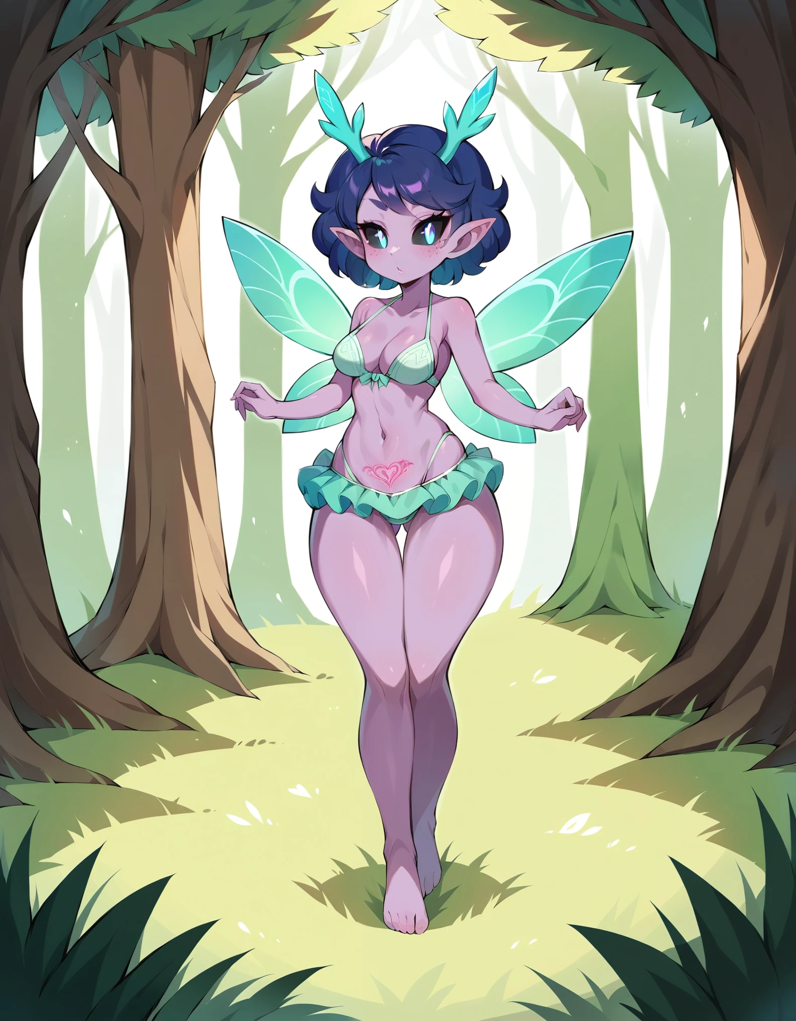 Fairy-tale environment, forest background, tree silhouette, shadowy forest, Prismatic coloration. Jungle like environment. A young woman with purple skin, lit up with heavy freckles & a set of B-cup , bearing curvaceous hips, Slender Legs, & a round yet small ass stang in a wild forest. She has short, White curly hair. She is wearing a cute grass bikini, made up of a grass bra along with a grass skirt. She has a serious face & a stern gaze in her sharp Starlike Violet Glowing eyes with black sclera & a heavy freckled form. She has Long sharp translucent Crystal cyan deer Antlers & a set of elk like ears. She has a small cute nose. She has large golden Fairy-like wings with a & an obvious short fluffy wolf like tail with great detail. She is completely barefoot. She has a Glowing heart womb tattoo hidden by her skirt. She is standing in a battle ready position, summoning a burst of stardust from her fingers