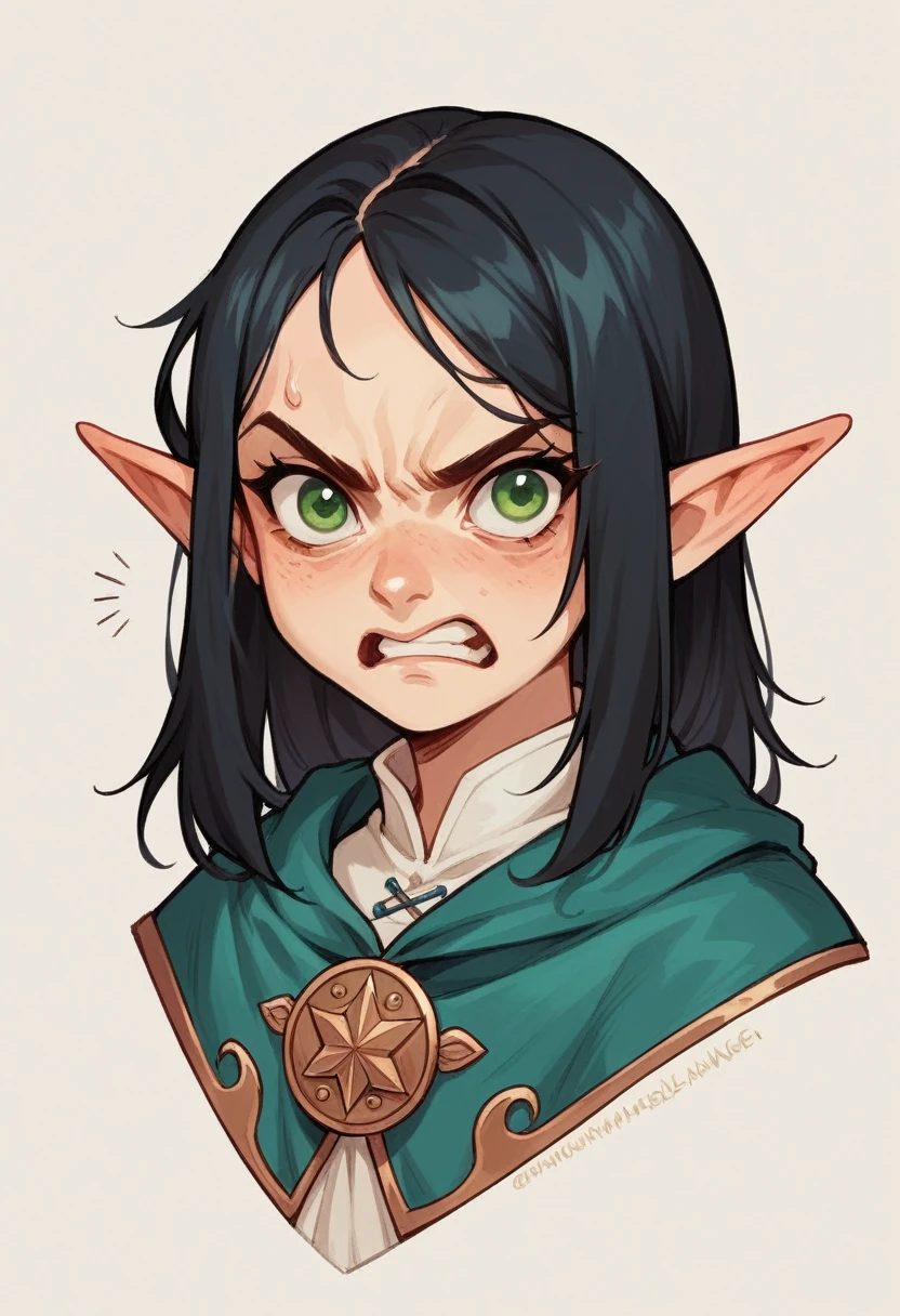 young girl, mage,17 yo,elf, long black hair, green eyes, she angry,this is an image, loose red blue mage outfit, medieval fantasy, funny comics , drawing by Andy Singer