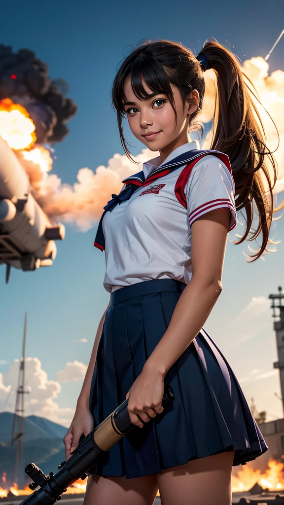 (Best Quality, 8K, 32 k, masutepiece, nffsw (English) (English) (English) (English):1.2), (Raw foto), (realisitic), (Photorealistic:1.2), (hight resolution), Huge file size, Ultra-detailed, Extremely beautiful face & Eyes, 1girll, (Lori, 44 year old naked girl:1.2), infp young woman, round small face, thin-waist, Colossal tits, slim proportions, (japanese sailor suits, sailor fuku, serafuku, Japanese school sailor uniform, darkblue pleated skirt:1.27), (From below, White thong, groin:1.24、The wind flips up the skirt、Panties and butt exposed), Rooftop of the city of dawn,