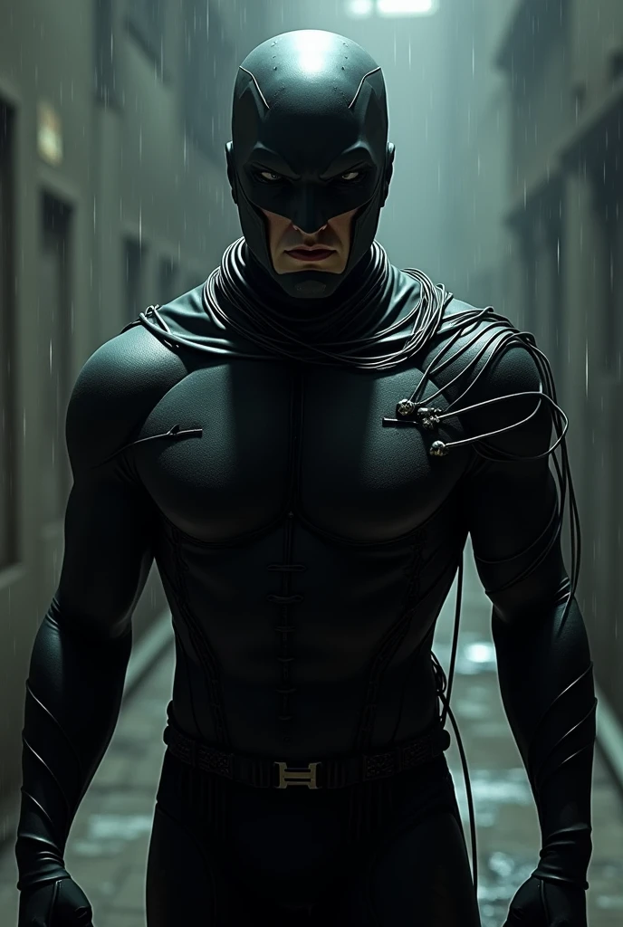 In comic style, In DC comics style. 2d. Super Villain Stalker. Stalker wears black, tight fitting outfit, which seems to be made of organic, flexible material. This suit allows him to levitate and partially penetrate.. His eyes are hidden under a mask of dark, reflective material, which looks almost like a mirror surface, what makes, that those who look at them see only their own reflection. There are several dark marks on his back., silver wires, which seem to move in rhythm with his breathing, giving the character a sinister look. He stands in the shadow.