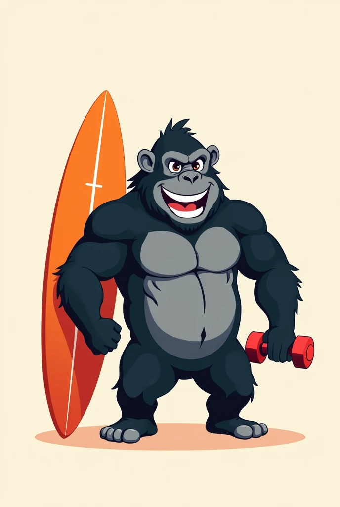 The happy gorilla image you made, in a minimalist way, with a surfboard on his arm, a dumbbell in the other arm, and add twxto: Studio Coach Dantas