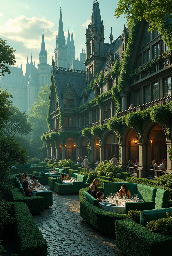 Landscape of the wide luxurious dark Slytherin themed restaurant