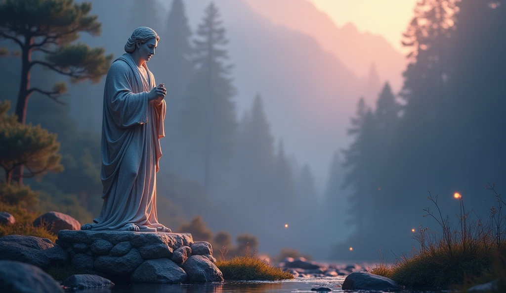 "Design an enchanting YouTube thumbnail for 'Магія Мовчання: Як Тиша Веде до Мудрості та Сили'. Center it around a detailed Stoic marble statue, radiating calm and wisdom amidst a mystical, serene backdrop. Highlight its timeless aura with soft, surrounding light and integrate elements of a tranquil dawn-lit forest or mountainside. Use a color scheme of deep blues, soft purples, and gentle golds to evoke a sense of mystery and introspection. Add symbols of wisdom and strength, such as a subtle halo of light and ancient sturdy elements. Ensure 'Магія Мовчання' stands out boldly with an ethereal glow at the top, with 'Як Тиша Веде до Мудрості та Сили' elegantly displayed below. Aim for a composition that merges ancient allure with tranquil beauty, enticing viewers into the realm of stoic philosophy."