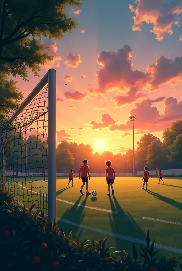 Soccer field, less people, sunset, goal