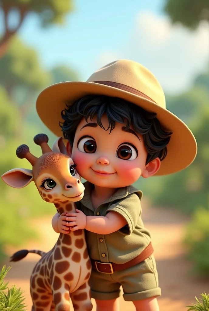 8 month old baby in safari outfit and hat black wavy cropped hair dark round eyes full closed mouth hugging a baby giraffe Pixar 3d