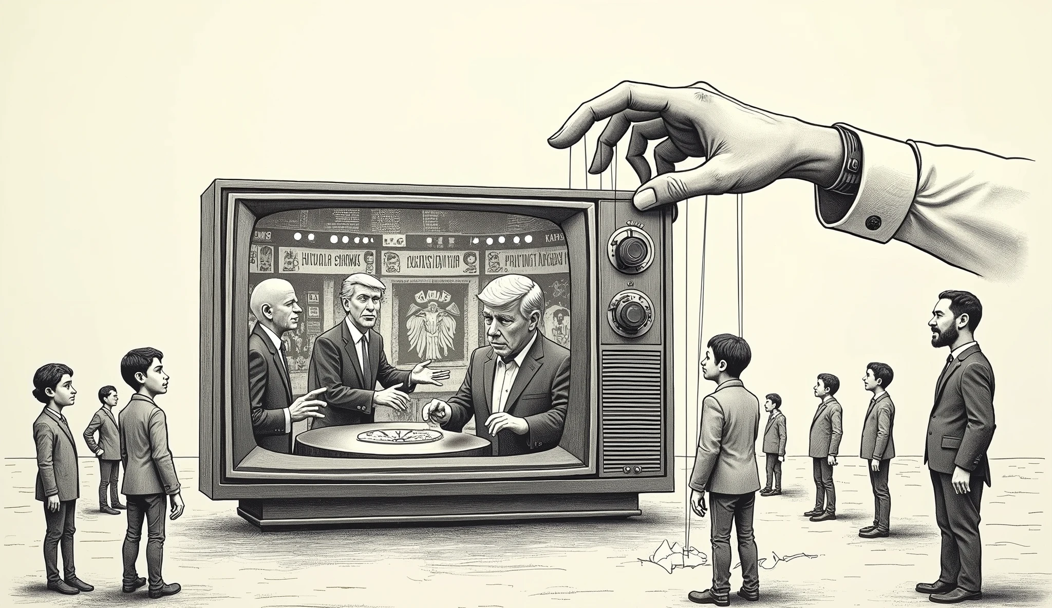 On the short bond paper, draw a scene featuring a large, exaggerated television with various media figures (reporters, anchors, etc.) as puppets controlled by a hand labeled "Political Influence." The television screen displays a mix of sensational news and exaggerated headlines. In the background, show ordinary citizens with puzzled or concerned expressions, looking at the screen. yung ali lang no color