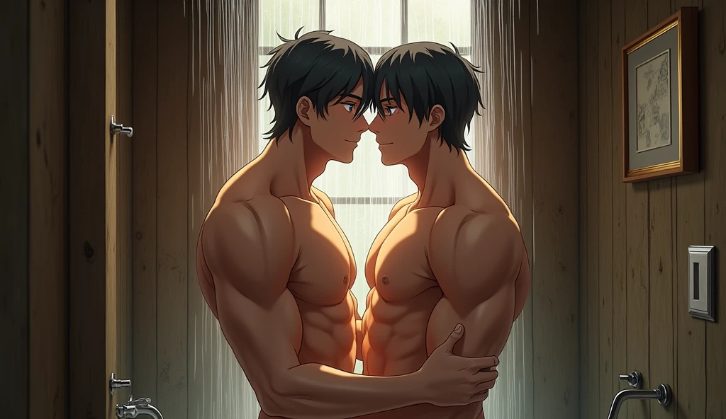 1 american gay anime man taking a shower next to a gay anime man in a rustic bathroom by Aaron Horkey and Jeremy Mann, masterpiece, best quality, Photorealistic, ultra-high resolution, photographic light,