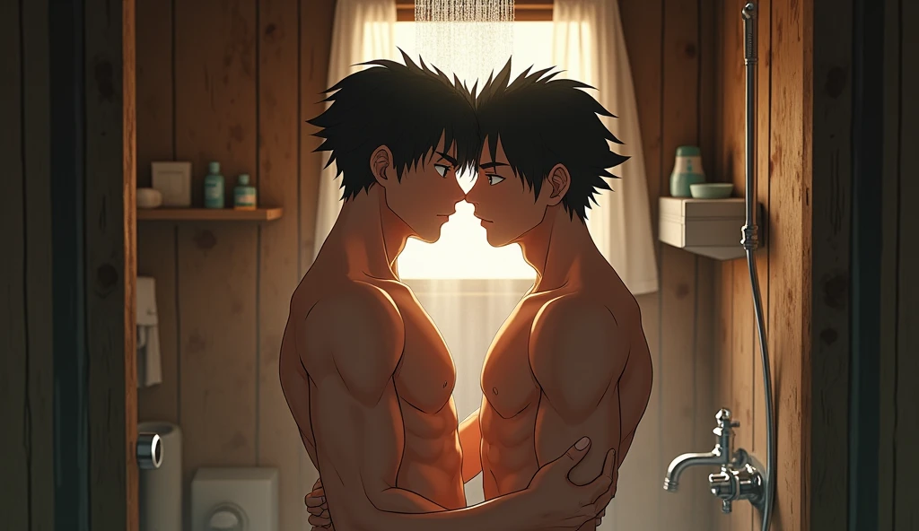 1 american gay anime man taking a shower next to a gay anime man in a rustic bathroom by Aaron Horkey and Jeremy Mann, masterpiece, best quality, Photorealistic, ultra-high resolution, photographic light,