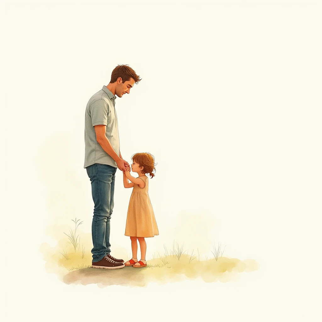  Create a watercolor image of an adult man and a , which go together, holding hands. Use easy, gentle brushstrokes to convey the emotional connection between them. The background should be light and soft, to focus on the characters.character design, silhouette, 