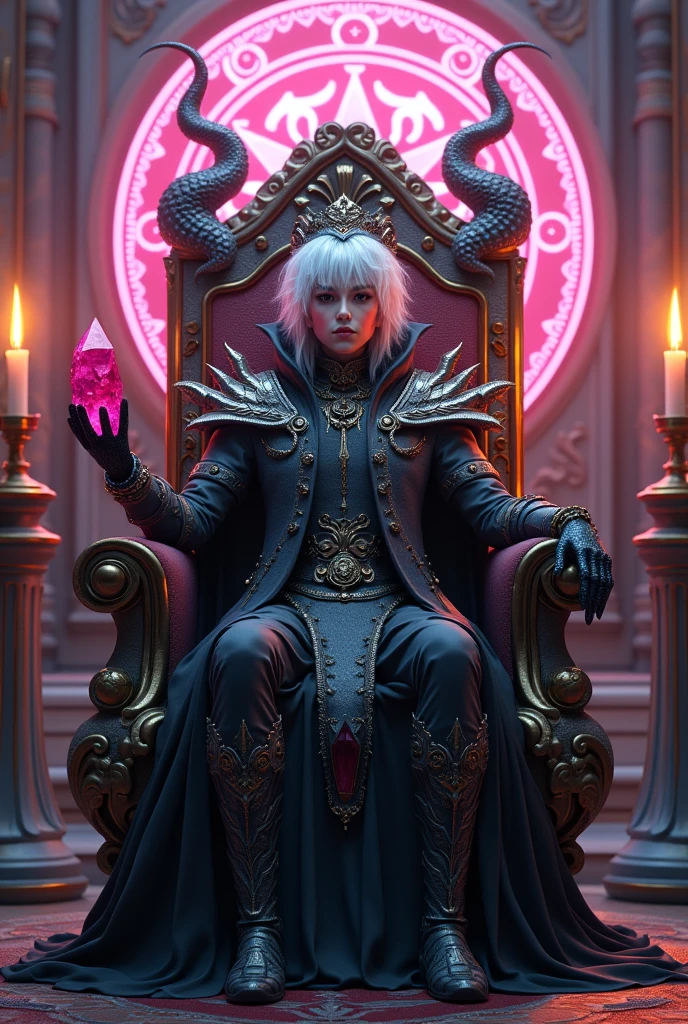 Surreal Very detailed Ultra Fantasy Ultimate Details Ultra-high resolution 8K 32k 3D Clear, beautiful eyes Silver Hair Sit on a chair 、He has a beautiful right hand, .In her left hand she holds a pink crystal that emits dark energy.. assassin Demon anacondas on both shoulders spitting flames mechanical engineering Mechanic Art . intricate and elaborate design, おmoney, money Silver Silver Red Black-purple Dynamic pose Cinema Lighting Magic Spell Aura Sit on a chair Pink magic circle design big, luxurious amulet made of money Bright colors girl A beautiful and mysterious demonic magician nice, Mysterious and cool tiara The ultimate mysterious design Satanism Demon's Rainbow Armor Mysterious Devil's Chair textured armor girl Breaking the Magic Seal 6 Exotic Satanic Candles at Your Feet In his right hand he holds a gorgeous sword of demonic design Holding a red-hot torch in his left hand