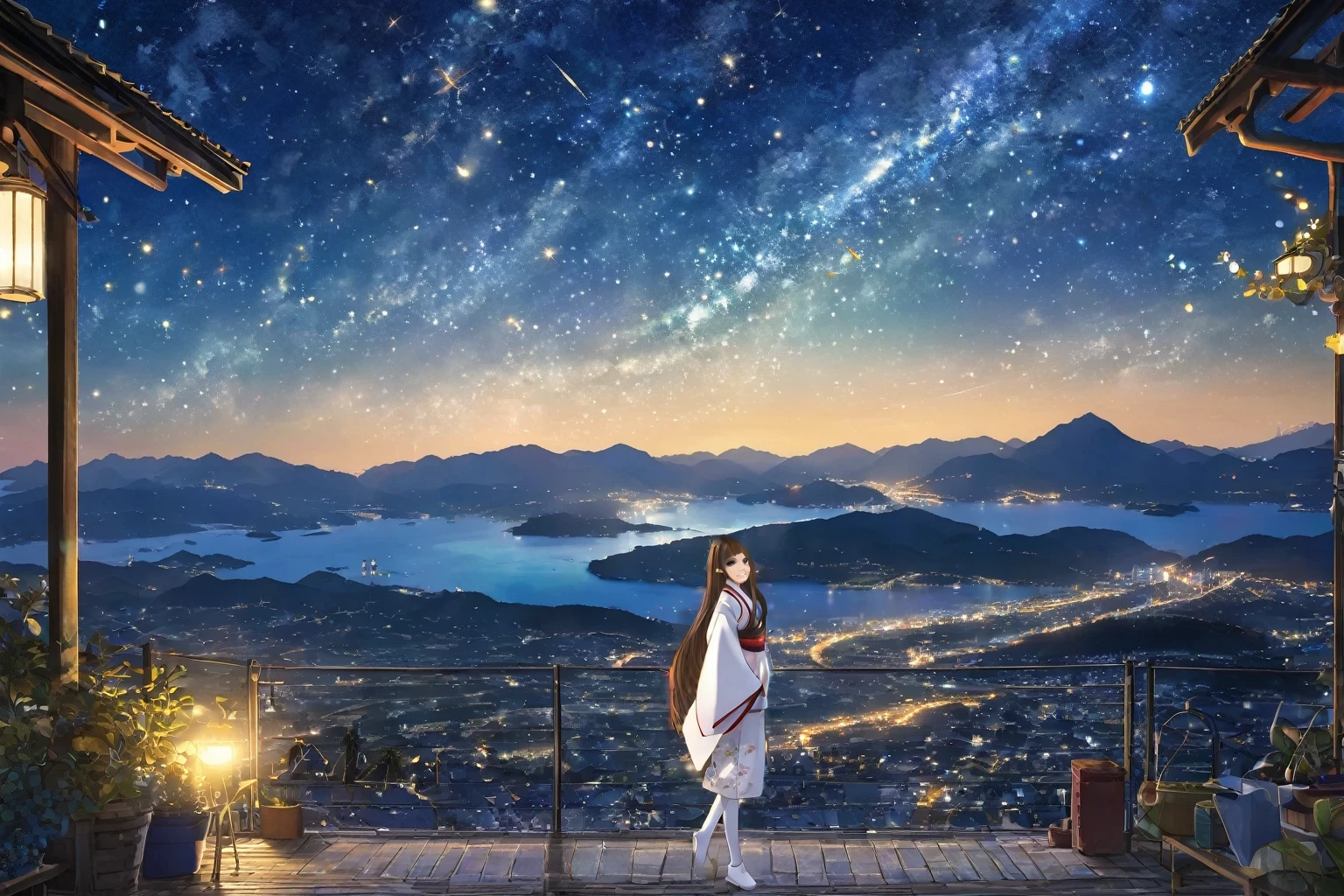 brown long hair,wearing japanese clothes,miko,miko thighhighs, girl,white clothes,