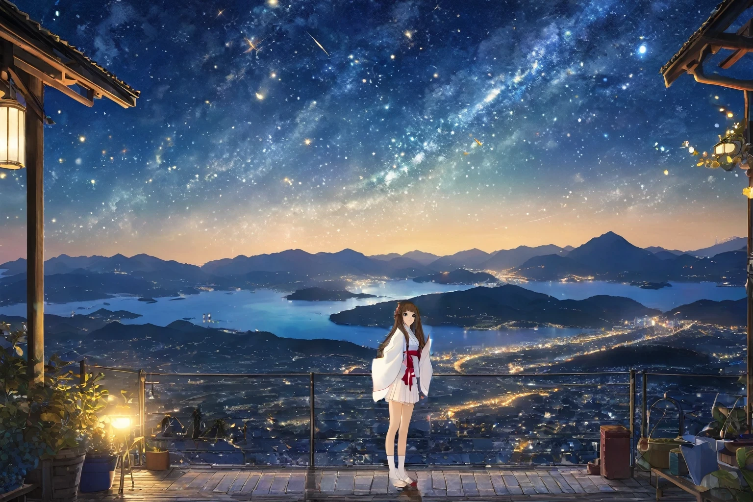 brown long hair,wearing japanese clothes,miko,miko thighhighs, girl,white clothes,