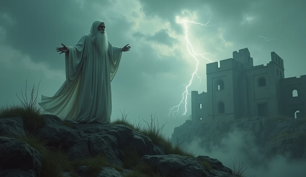 A cinematic shot of a dystopian but ancient world with people behaving wickedly and the earth filled with evil. Buildings are in ruins, and the sky is dark and cloudy. In the distance, a figure with a white robe and a long white beard stands on a hilltop, his arms outstretched. He looks worried.