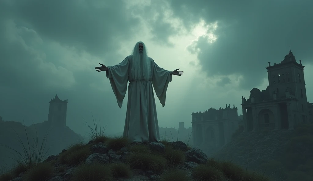 A cinematic shot of a dystopian but ancient world with people behaving wickedly and the earth filled with evil. Buildings are in ruins, and the sky is dark and cloudy. In the distance, a figure with a white robe and a long white beard stands on a hilltop, his arms outstretched. He looks worried.