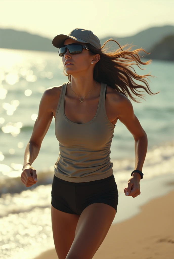 Photo taken at an angle of a girl running in a tank top outside by the sea. The photo is taken from 10 metres away. It's very hot, she's sweating, and she's wearing a cap and cycling goggles. You can see her bewitching natural form. Brown hair, Sexy and athletic body, Eyeliner, Face with features of Italian origin, Sexsimbol. 8k, masterpiece, RAW photography, top quality, photorealistic, highly detailed Unity 8k CG wallpaper. Use advanced rendering techniques to ensure maximum realism, including detailed textures on her skin, eyes, and hair. 