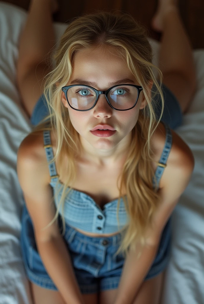 beautiful sexy little tween Elle Fanning school girl, thin, long blonde hair, blue eyes, nice bottom, nice bottom, big red lips, dressed like a whore, tiny short blue plaid skirt, wearing only lingerie, scared, nice legs, nice bottom, lying on bed with legs opened, ultra realistic, wearing glasses, wearing cropped top, fit, pony tail, ful body image, awesome fit body, viewed from above, missionary pose, thick over her face, cum on face, bukakke, facialized, semen on all her face, cumshot, cum shot