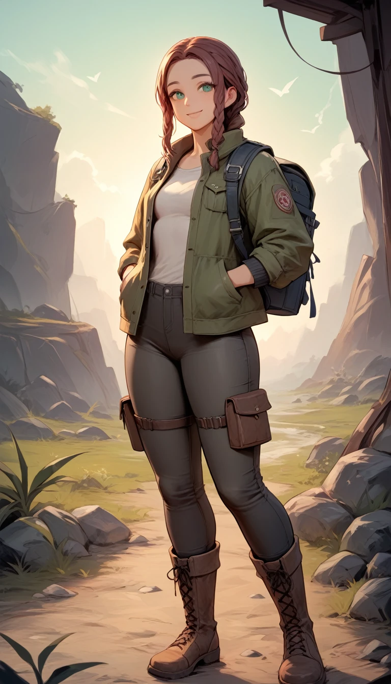 Artistic style of Izuyoi Seishin, ((Best quality,4K,a high resolution,masterpiece:1.2)),((character concept art)), Young, energetic explorer in the post-apocalyptic world, where nature has reconquered the land. She has long ones, wavy brown hair, braided into a loose braid, and bright green eyes, reflecting her passion for adventure. She wears light, but durable clothing: jacket made from recycled fabrics, tight pants and sturdy boots. On her hands are gloves with cute, but functional pockets for tools. Ella always carries a multifunctional backpack with her., filled with survival essentials and a notebook, where she records her observations about the world. Her confident posture and smile give her a charismatic look., and small tattoos on her wrists highlight her independent spirit and love of freedom.