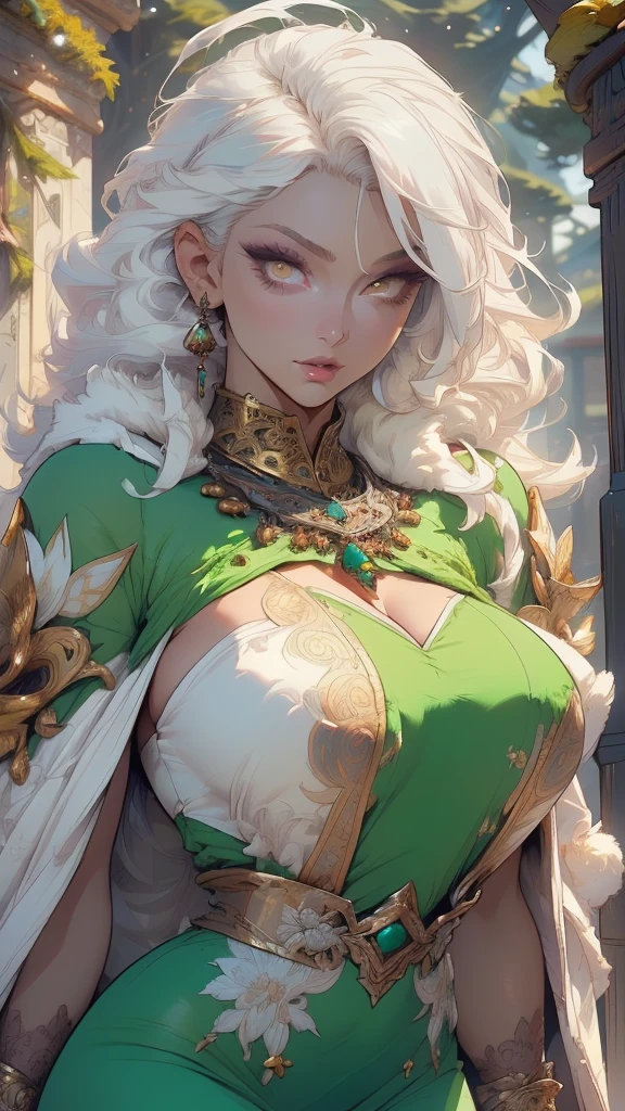 woman,1female,((milf,mom,mature,mature woman,4 female,adult)),(large breasts:1.5),saggy breasts,(((white hair:1.4,straight hair,long hair:1.4,colored inner hair))),((yellow_eyes:1.3)),intricate eyes,beautiful detailed eyes,symmetrical eyes,((((dark skin:1.4,lustrous skin:1.5,bright skin: 1.5,skin tanned,shiny skin,very shiny skin,shiny body,illuminated skin)))),(spider lower abdomen,narrow waist,wide hip,bimbo body,inflated legs,thick thighs,delicate detailed fingers),(((detailed face))),

cute,slutty,sensual,seductive look,seductive,((erotic)),opulent,sumptuous,longingly,((nsfw)),

queen,goddess,fantasy,(beautiful winter silver clothes,silver silk),((strapless green dress,very long green skirt,green dress)),(silver clothes),(((ice jewelry,intricate necklace,christmas jewelry,detailed outfit))),cleavage,silver silk,((eyeshadow,elegant makeup,eyelid makeup,gold lips,gold lipstick)),((Transparent cloth:1.1)), (((Sexy white fur cloak, white fur cloak outfit, wearing a white fur cloak:1.3,winter white cloak))),green gloves,(((intricate outfit,intricate clothes,embroidered outfit,ornate outfit,embroidered clothes,ornate clothes))),

(dynamic pose:1.0),embarrassed,(centered,scale to fit dimensions,Rule of thirds),

((snowy pine forest)),winter,scenery:1.25,((intricate scenery)),((snow forest background)),

(Glossy winter ornaments),highres,sharp focus,(ultra detailed,extremely detailed),(photorealistic artwork:1.37),(extremely detailed CG unity 8k wallpaper),(((vibrant colors,vibrant theme))),(intricate),(masterpiece),(best quality),
