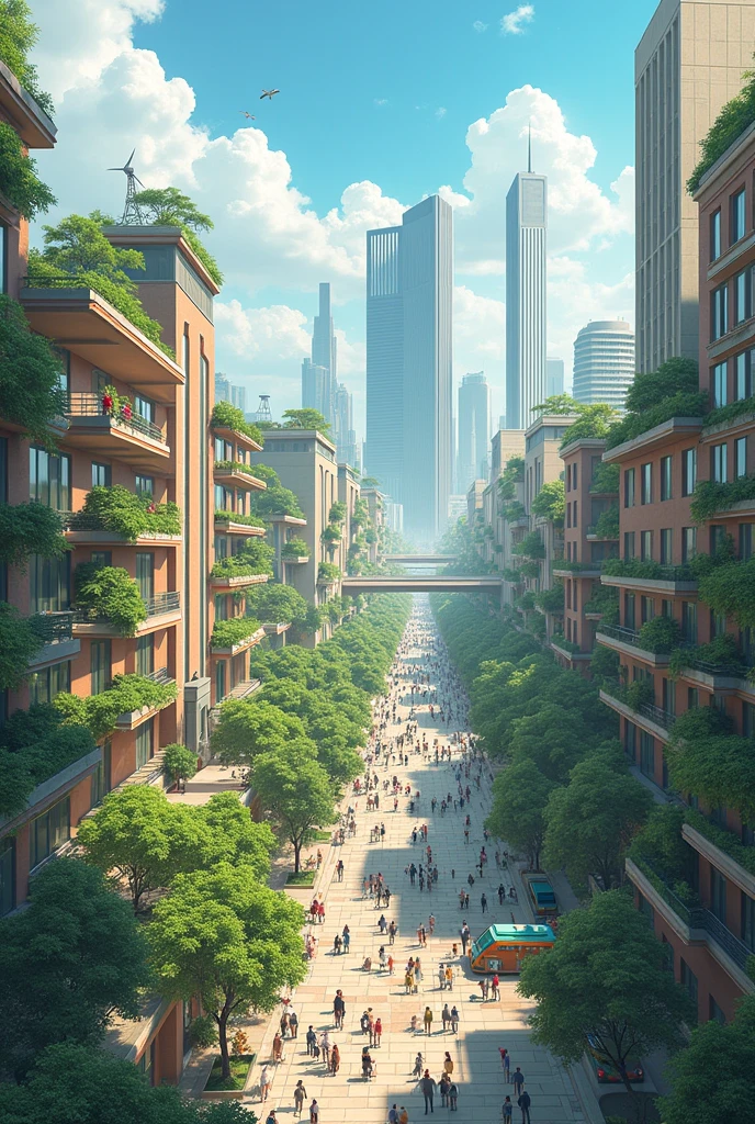 "Illustrate a city built around four fundamental pillars: education, equity, sustainability and community participation. The city must feature schools and universities that are free and accessible to all, with integrated architecture that represents an egalitarian society, without class divisions. Include sources of renewable energy, green public transport, parks and community gardens. Showcase citizens participating in democratic governance in public squares, and social institutions working collectively for the common good, in a harmonious and sustainable urban environment."