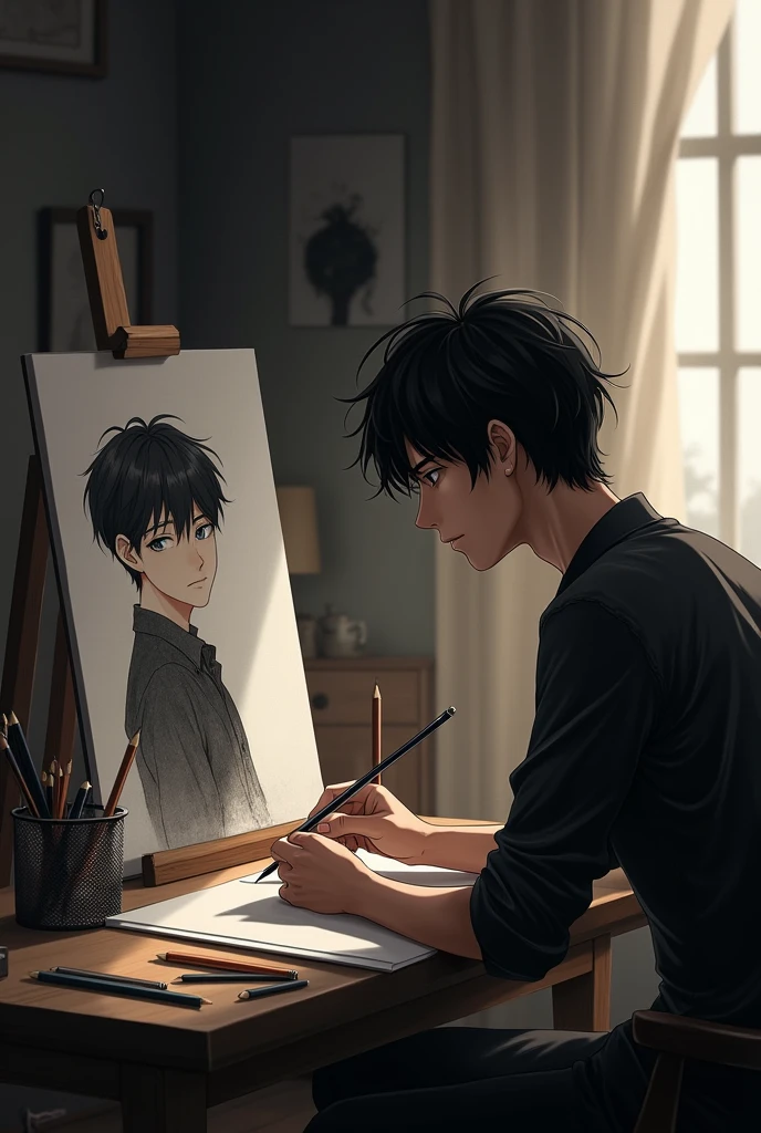 Anime charcoal male artist drawing his anime boyfriend who is modeling for him.