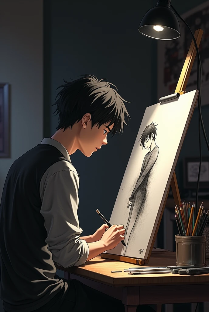 Anime charcoal male artist drawing his anime boyfriend who is modeling for him.