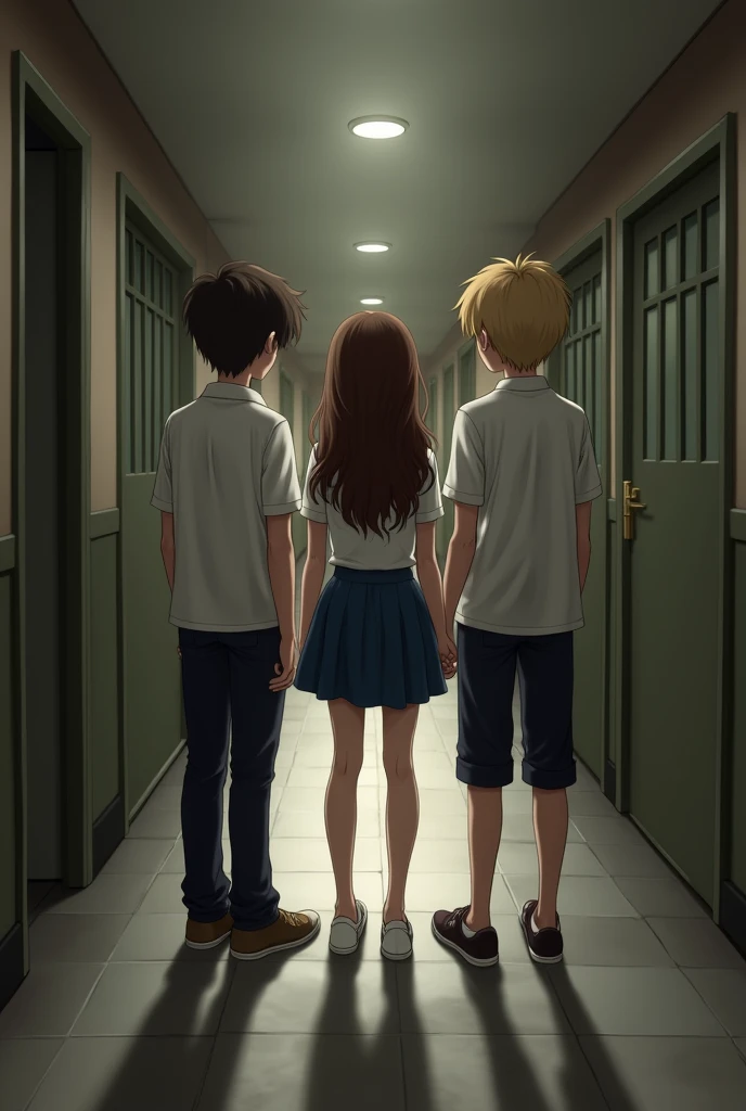 A girl and two boys with their backs to each other in the hallway
