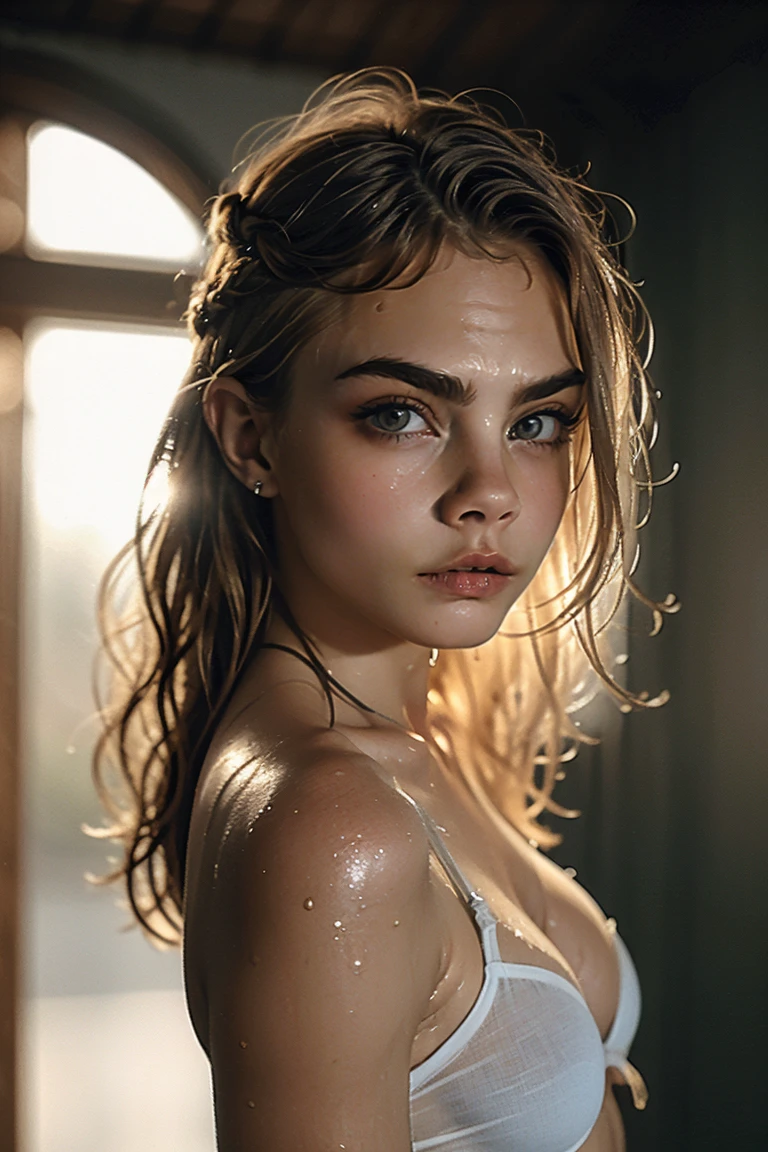 Cara Delevingne, (((ultra realistic))) Photo, masterpiece, top quality, (pale skin), (ULTRA DETAILED and underboob bra) (Ultra detailed face and eyes:1.2), Bright eyes, 1 girl, gloomy atmosphere, Dark background, (Eye makeup, mascara) , ((Dark wavy hair)) , ((Stylish hairstyle)) , (Natural breasts), (A slight smile), ((Posing)), photoshoot, studio (Contour lighting), (The play of light and shadows), depth of field, bokeh, (special attention to skin detail: 1.2), Detailed leather texture, skin pores, ((Dark and gloomy atmosphere frame. color scheme - Gray, Ashen, Tons)), ((Film grain, VHS effect)), ((rays)) , ((full body shot, close to the camera)) , ultra detailed, (((Camera from front and below))), white transparent underwear, indoors, inside bedroom, focus on her underboob bra, round perfect big ass, short white transparent wet underwear, no top, underboob bra, bra over the nipples, underboob bra, half naked, (((Wet shiny skin))), (((Totally WET))), Beautuful Women，small waist, thin waist, high detailed stomach, small breasts exposed, skinny body, Raised sexy，seductiv, inside a house, blond hair, boobs exposed under the white bra, Master masterpieces，Highest image quality , Towering over the landscape, angle of view, looking down at you，A mocking smile, low angle, from below, toned abs, perfect lighting, clothes transparent wet, clothes with water, transparent clothes that get wet and stick to the skin, wet hair clings to the face and shoulders, white silk is wet, beautiful realistic stretched wet (((HER BODY IS TATALLY WET)))，Sweaty skin, water droplets, hair is wet, hair is disheveled, one girl, half naked, skin exposed, Undressing posture, , blond hair is wet,