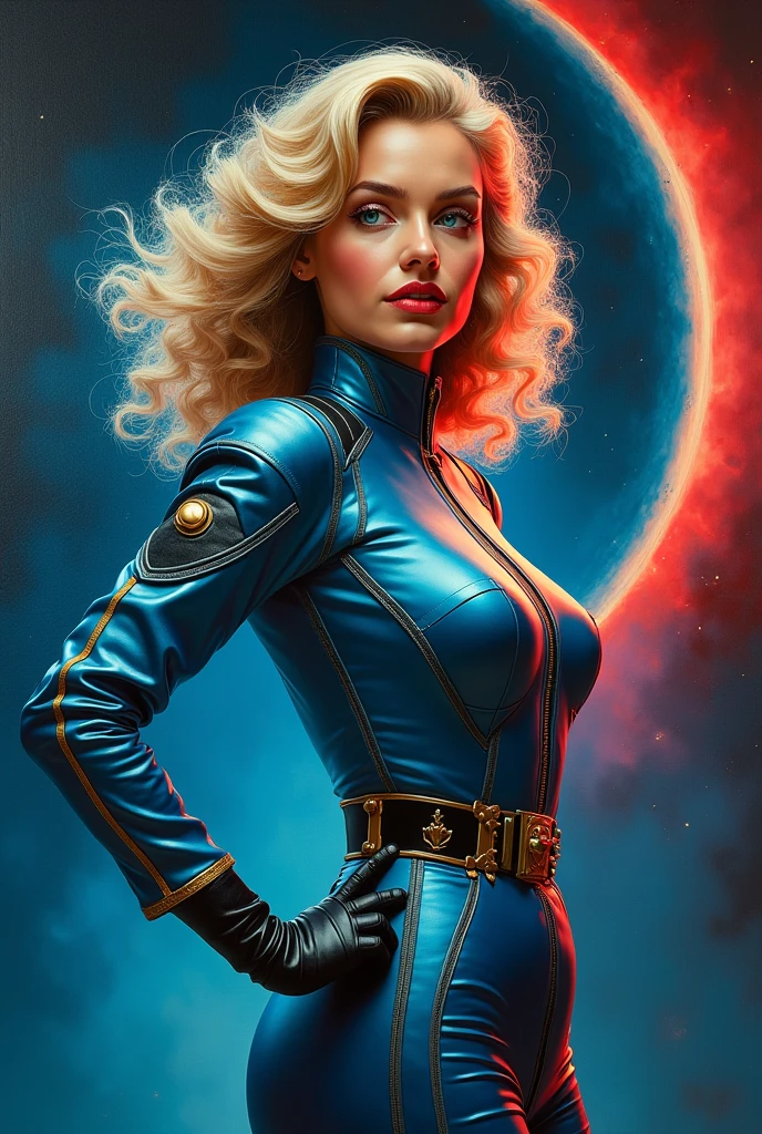 High-quality realistic acrylic art, VIVID COLORS, back point a view, a beautiful vintage european woman with blonde curly hair, looking at the viewer with suspicious face and a shy smile, red lips, she wears blue metalic atomic age style space suit, hands in the waist, dramatic blue red lights, in deep space with a partial planet in orbit