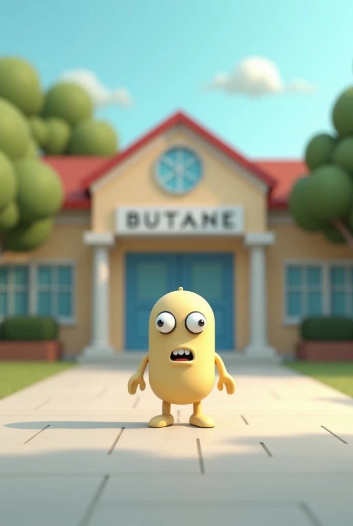 Generate a butane molecule with its hydrogens and carbons that is animated simply and that the molecule is arriving at school